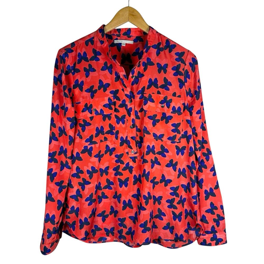 Gap Women’s Butterfly Print Long Sleeve Button Popover Blouse Top Coral Blue S